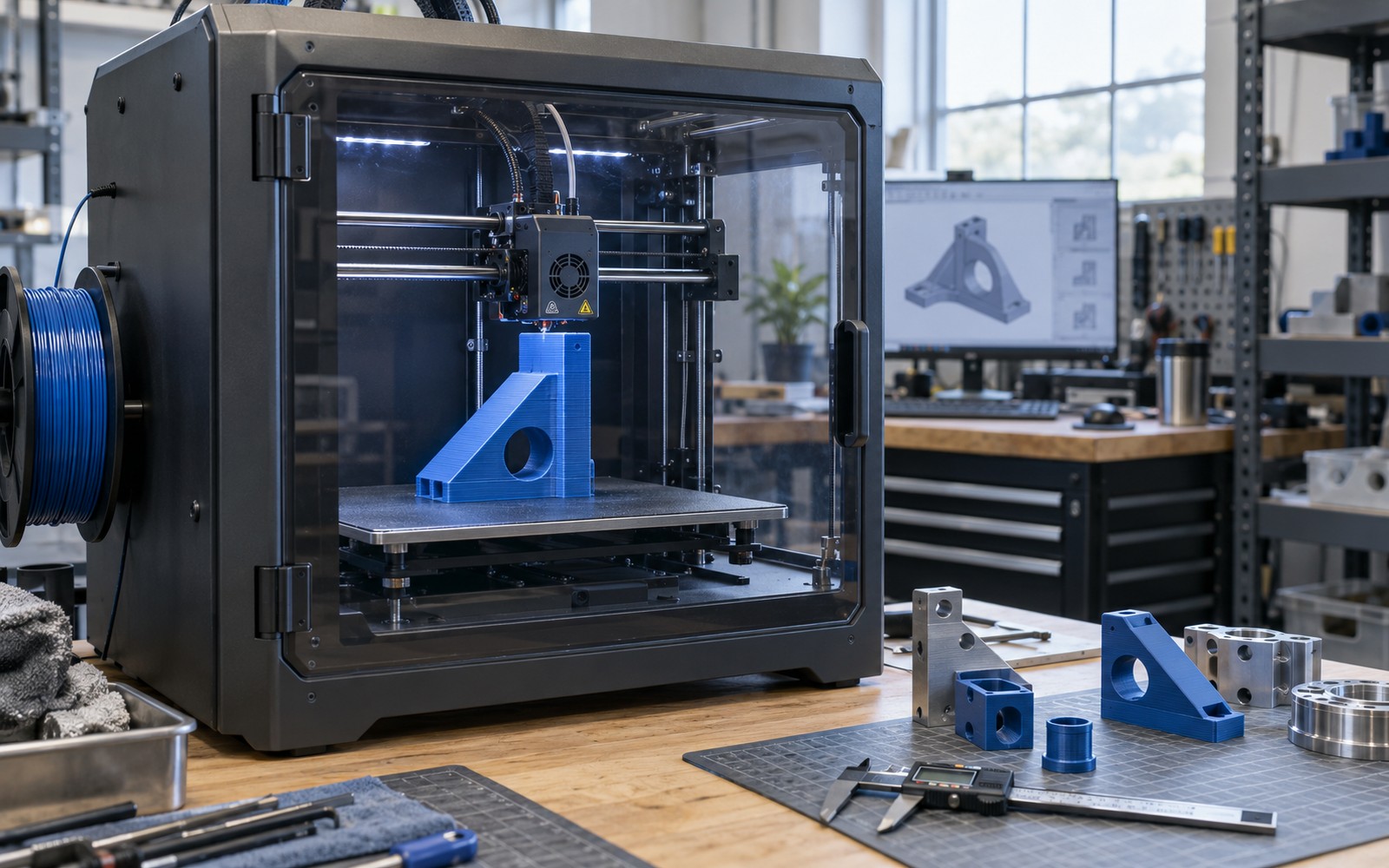A professional enclosed FDM 3D printer producing a blue geometric functional prototype, visible printhead and layer lines, finished machined-looking prototype parts and digital calipers on adjacent workbench, practical fabrication studio.