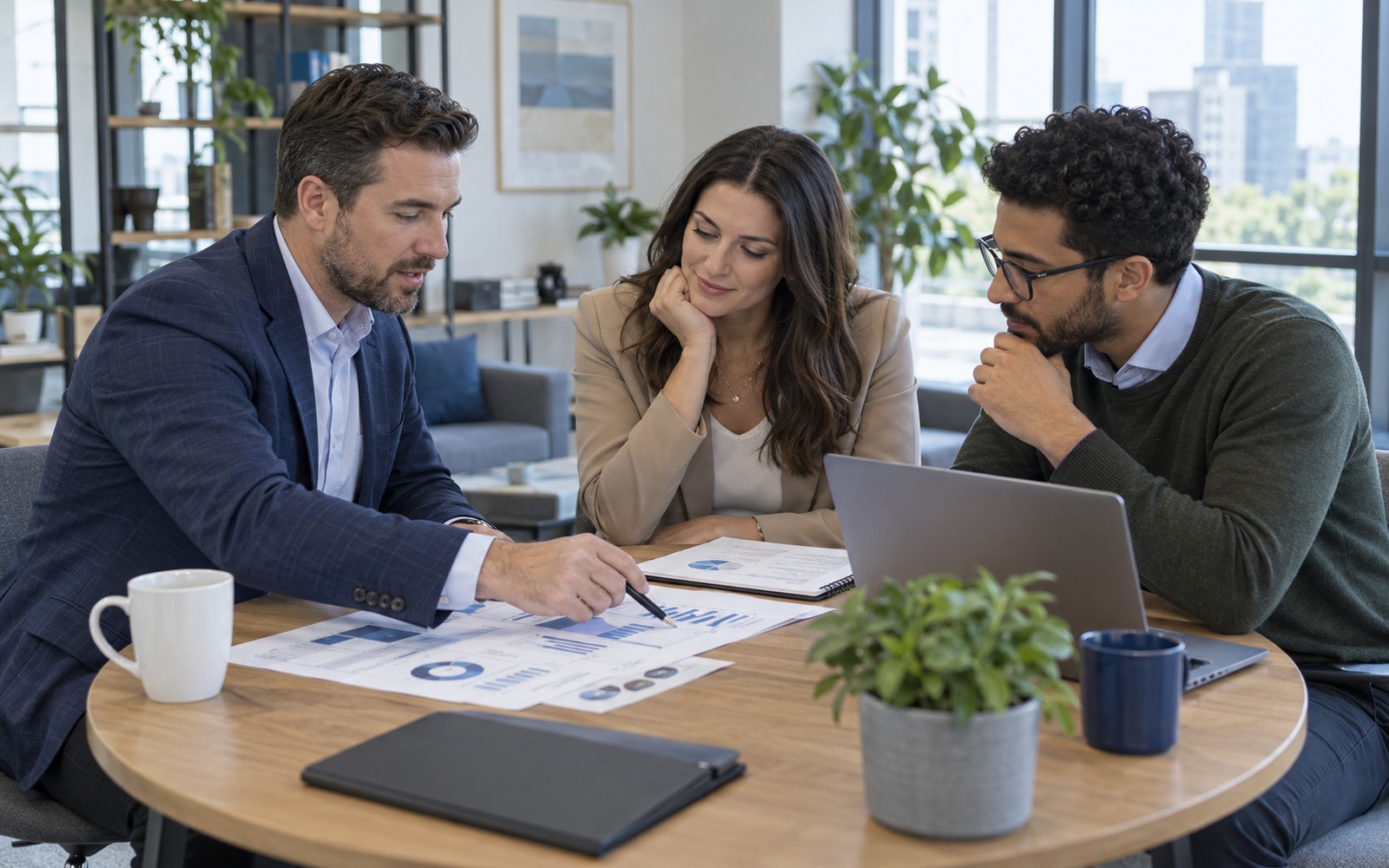 A candid professional business consulting meeting with three adult colleagues discussing a printed business plan and charts around a small table in a modern approachable office, consultant pointing to a chart, laptop, engaged natural expressions, no staged handshake.