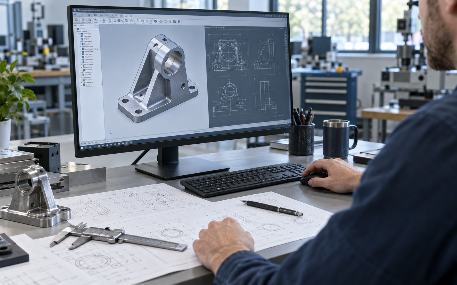 An engineering workstation with a large monitor showing a believable CAD interface with a three-dimensional mechanical bracket model beside orthographic wireframe views, printed technical plans and calipers on desk, shoulder and hands of a designer partly visible.