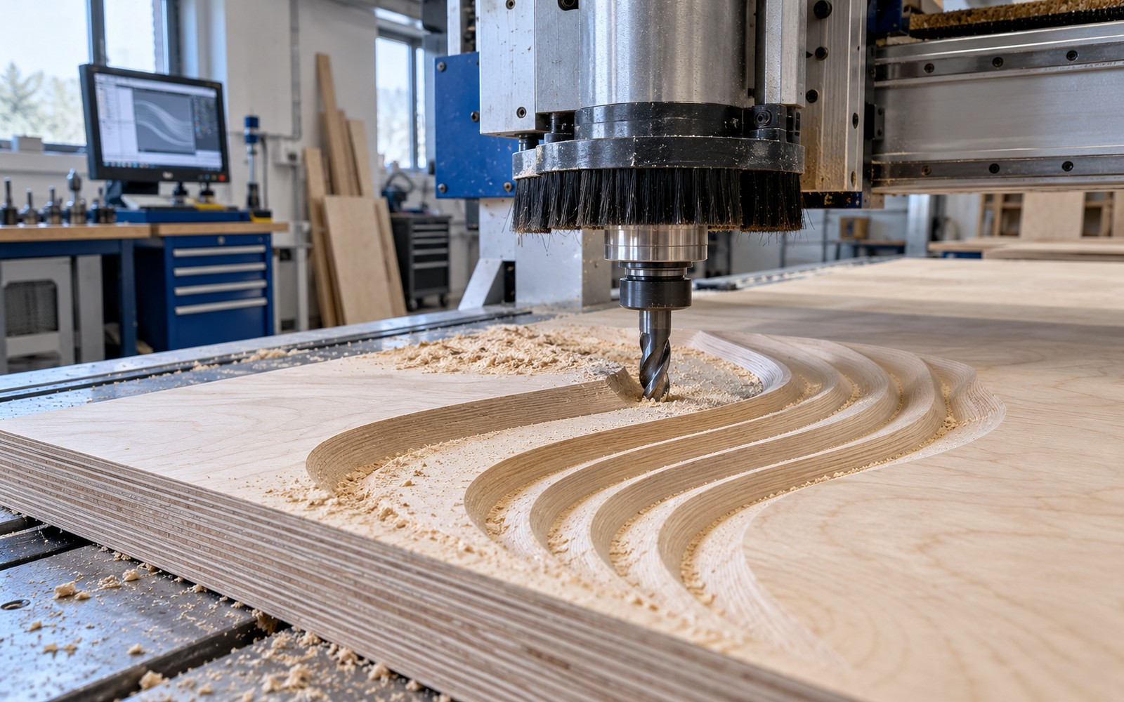 A CNC router cutting an elegant curved relief into a thick birch plywood sheet on its large work bed, close three-quarter view of real spindle and endmill, fine wood chips and visible layered plywood edge, clean fabrication workshop.