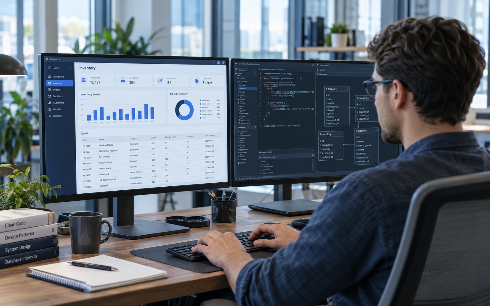 A software developer's workstation with two monitors, one displaying a polished custom business inventory application with clean data tables and blue dashboard charts, the other displaying a database schema and code editor, keyboard and developer's hands, modern professional office.