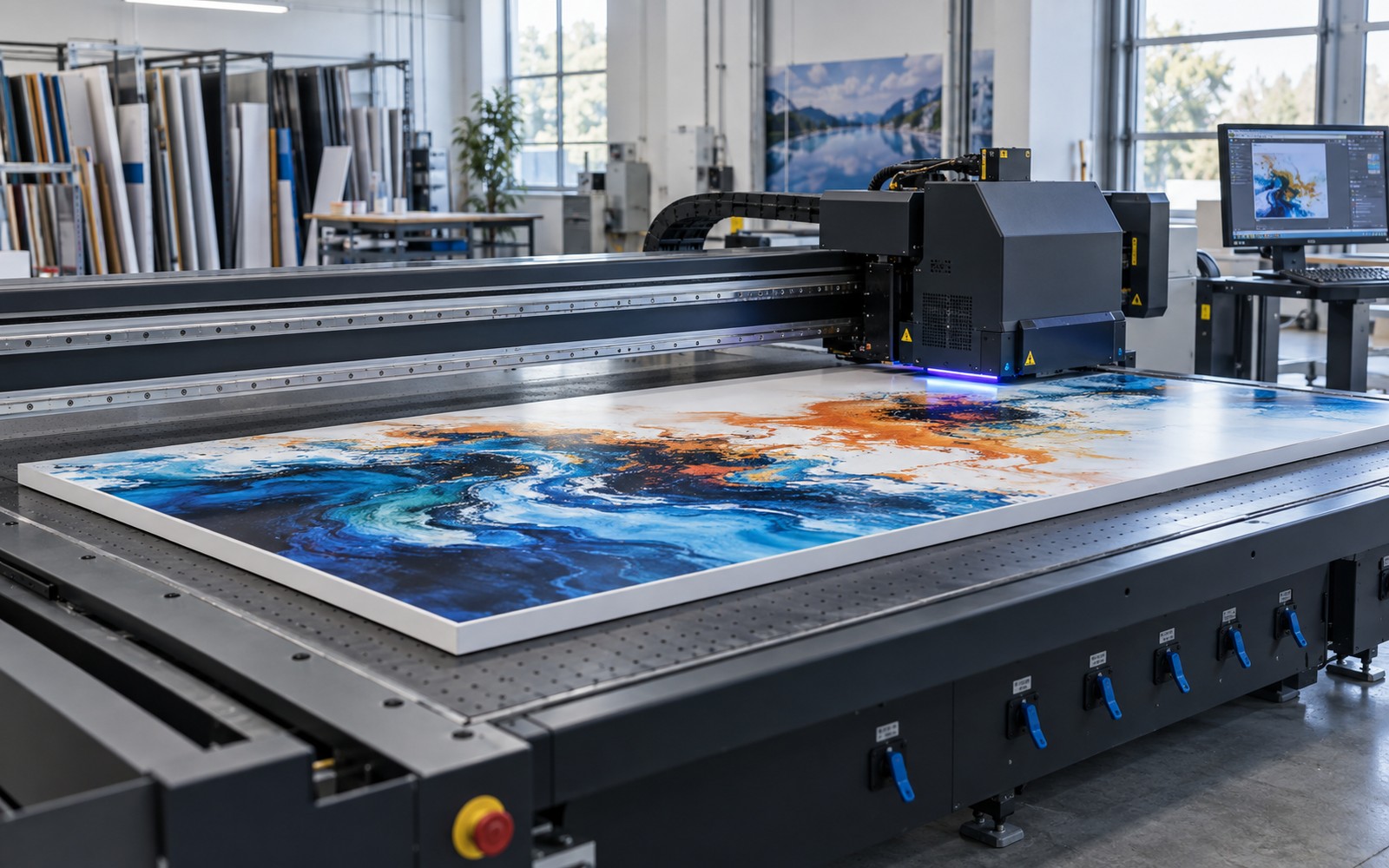 An industrial UV flatbed printer with a broad horizontal vacuum bed and gantry printhead, printing rich full-color abstract artwork directly onto a thick rigid white rectangular sign panel lying completely flat. Clear perspective showing the flat panel and machine.