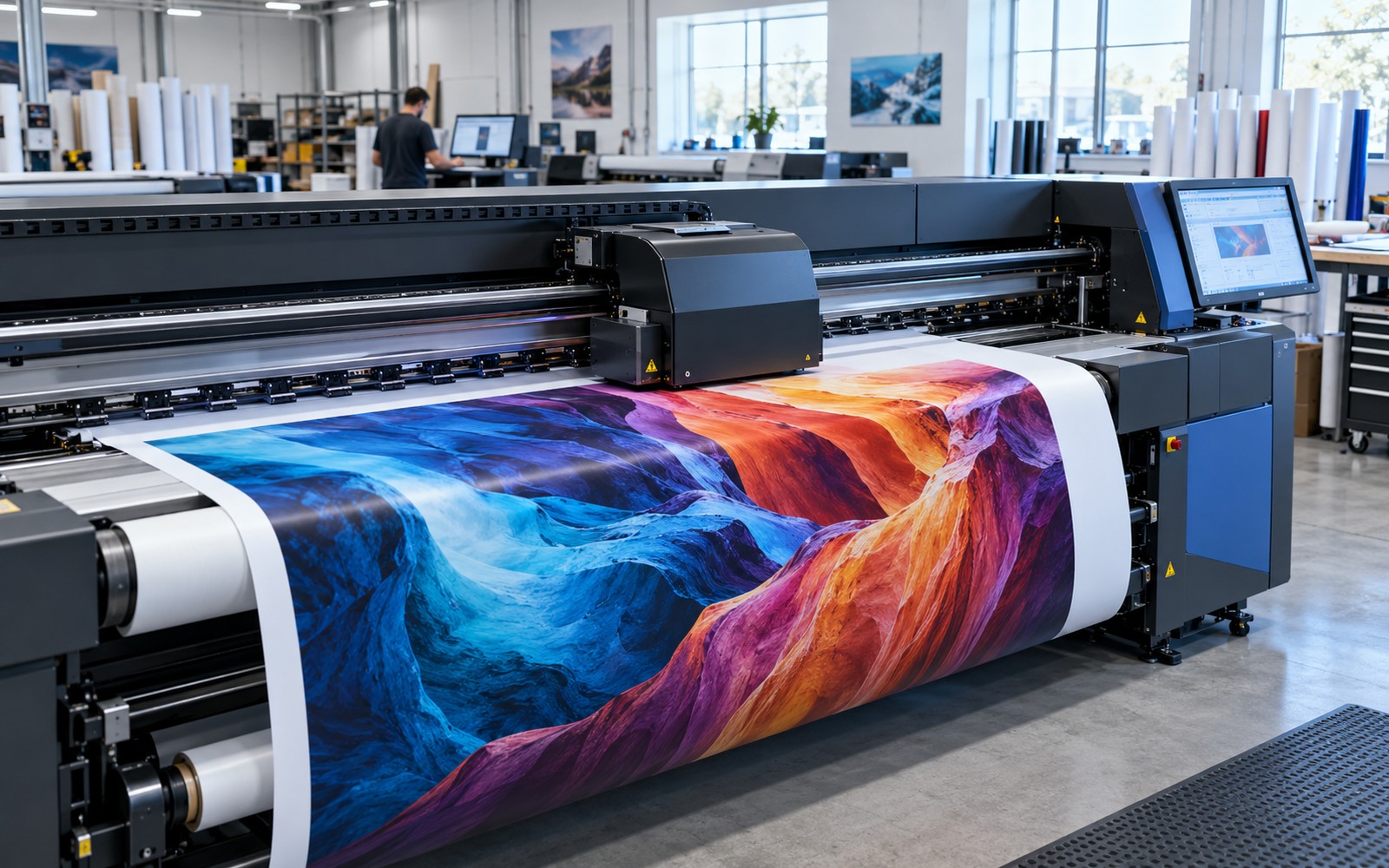 A commercial wide format roll-to-roll inkjet printer actively producing a vivid multicolor abstract photographic graphic on a broad white vinyl roll, print carriage and freshly printed output clearly visible, clean print production shop.