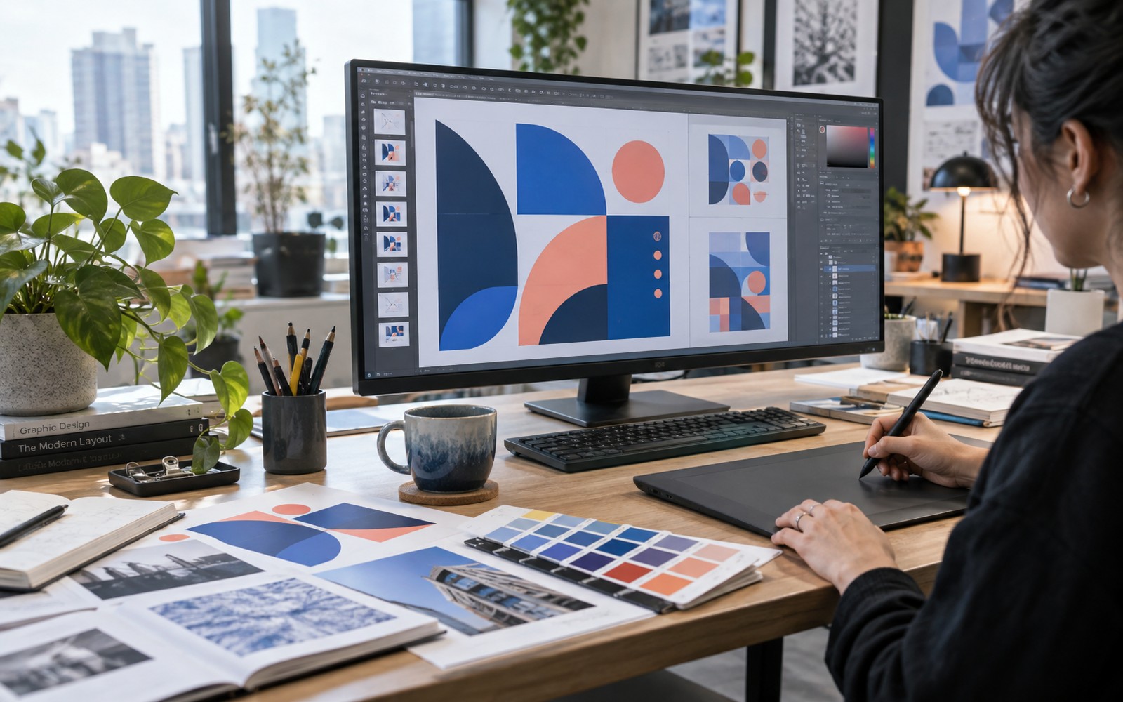 A graphic designer's workstation, wide monitor with sophisticated vector design software displaying a striking blue and coral geometric visual identity, hand using pen tablet, neatly arranged printed color swatches and layout proofs, bright creative studio.