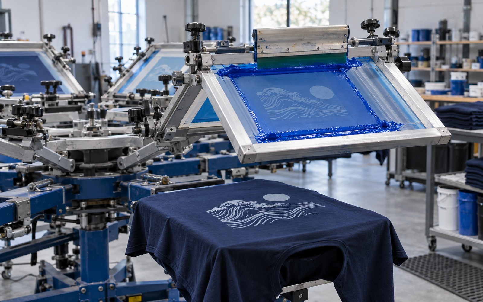 A professional multi-station carousel screen printing press, aluminum mesh screen lifted over a navy cotton T-shirt, vivid blue ink and a squeegee, practical clean print workshop. Machine construction and printed fabric are the focus.